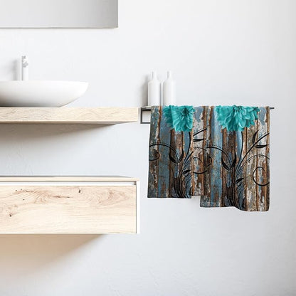 Farmhouse Flower Floral Bathroom Hand Towel Set of 2, Rustic Teal Turquoise Dahlia Fingertip Towel Country Blue Wild Garden Plant Decorative Soft Highly Absorbent Bath Towels for Home Hotel Gym Spa