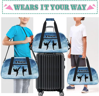 Personalized Gym Bag for Boys, Custom Sport Gym Taekwondo Silhouette Cheerleading Duffel Bag Weekender Fitness Bags Travel Duffel Bag, Watercolor Blue Starry Night