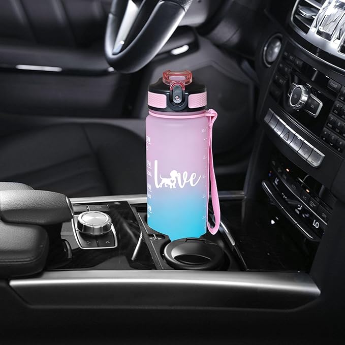 Love Dachshund Dog Water Bottle 32 Oz for Dog Lover – Leakproof BPA Free Sport Water Bottle with Straw & Carry Strap, Motivational Time Marker for Gym, Fitness, Outdoor, Travel, Office