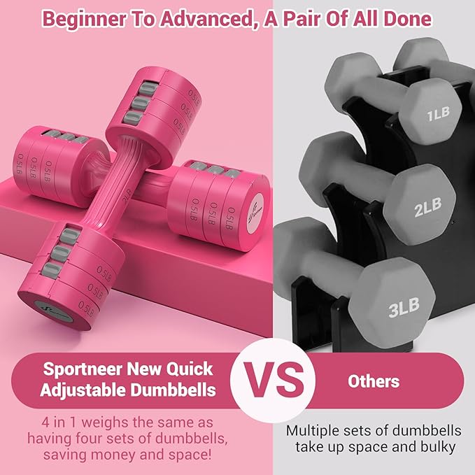 Sportneer Adjustable Dumbbells Hand Weights Set: 5 lb Dumbbell Set of 2 Each 2lb 3lb 4lb 5lb Free Weights Fast Adjust Weight 4 In 1 Weights Dumbbells Set for Women Men Home Gym Exercise Training