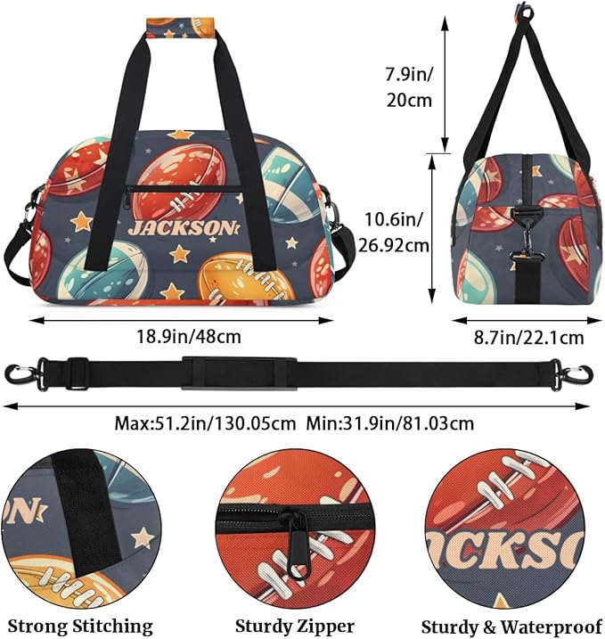 Personalized Football Gym Duffel Bags Boys with Custom Name Kids Pigskin Sport Bags for Training Travel Overnight Weekender