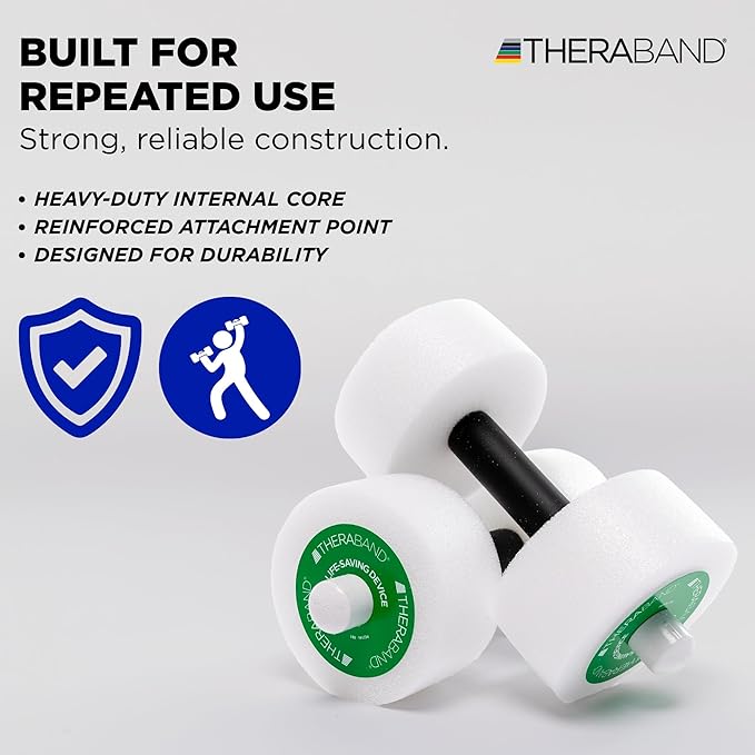THERABAND Water Weights, Aquatic Dumbbells for Pool Fitness, 2 Foam Weights with Padded Grip for Water Aerobics, Therapy, Workouts, Pool Exercise Equipment, Aqua Training, Green, Medium, Intermediate