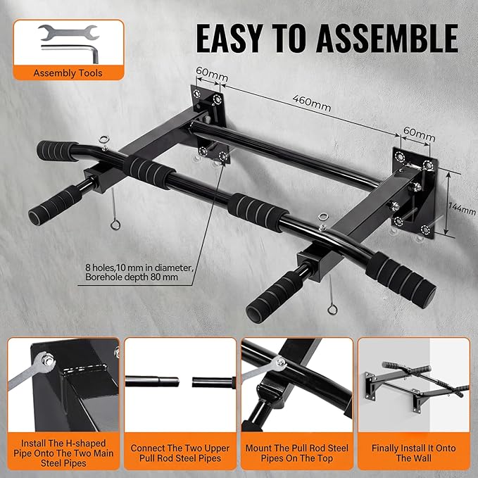 Pull Up Bar Wall Mounted - Multifunctional Wall Mounted Pull Up Bar for Home Gym, Workout Strength Training Equipment, Chin-Up Bar with 2 Suspension Anchors, Fits 16" & 24" Studs