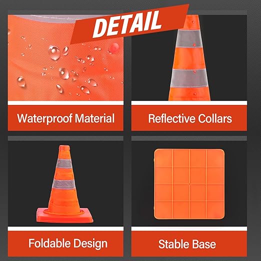 RoadHero 18 Inch 8 Pack Collapsible Traffic Cones, Multi Purpose Pop-up Orange Cones with Reflective Collar for Road Safety, Parking Cones for Sports, Driving Training
