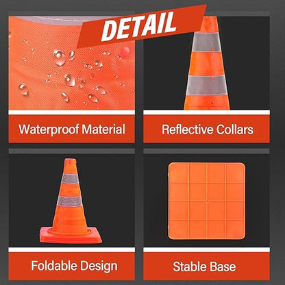 RoadHero 18 Inch 8 Pack Collapsible Traffic Cones, Multi Purpose Pop-up Orange Cones with Reflective Collar for Road Safety, Parking Cones for Sports, Driving Training