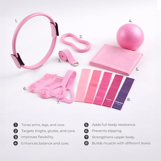 Pilates Set Kit, 13 Pcs. Pilates Equipment with Resistance Bands, Pilates Ball and Ring for Full Body Workout, Home Pilates Kit for Women