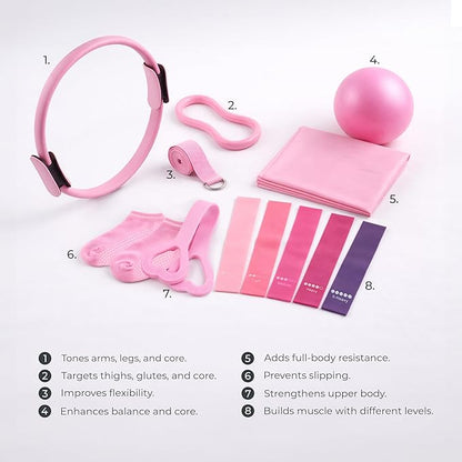 Pilates Set Kit, 13 Pcs. Pilates Equipment with Resistance Bands, Pilates Ball and Ring for Full Body Workout, Home Pilates Kit for Women