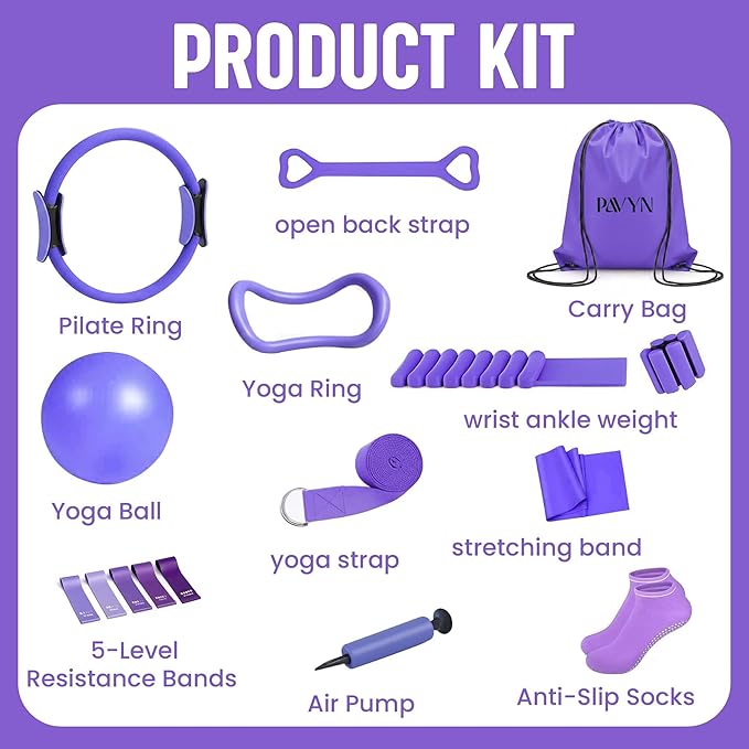 Pilates Kit 16- Pieces with Adjustable Resistance – Fitness Ring, Exercise Ball, Bands, Wrist Weights & Essential Pilates Equipment for Home Workouts - Versatile Fitness Accessories