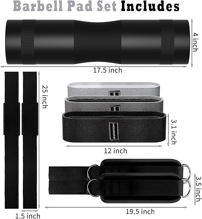 Barbell Pad Set for Squat,10 PCS Hip Thrusts Workout Foam Weight Lifting Bar Cushion with 2 Gym Ankle Straps,3 Hip Resistance Bands,2 Lifting Strap,Barbell Pad and Carry Bag