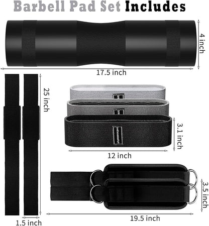 Barbell Pad Set for Squat,10 PCS Hip Thrusts Workout Foam Weight Lifting Bar Cushion with 2 Gym Ankle Straps,3 Hip Resistance Bands,2 Lifting Strap,Barbell Pad and Carry Bag