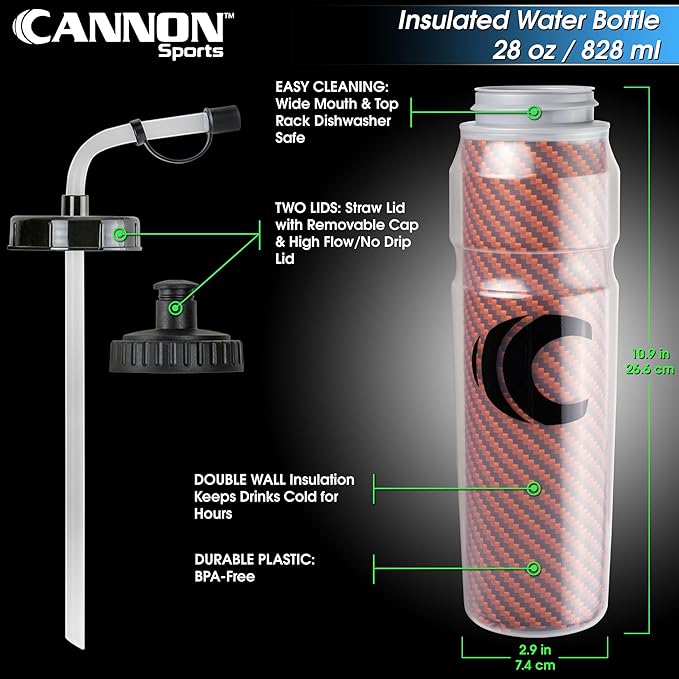 Cannon Sports 28oz Insulated Squeeze Water Bottle with Straw, Leak Proof Lids, 2 lids (Straw and Squeeze), Double Wall Insulation, Wide Mouth, BPA-Free (2 Pack) (Orange)