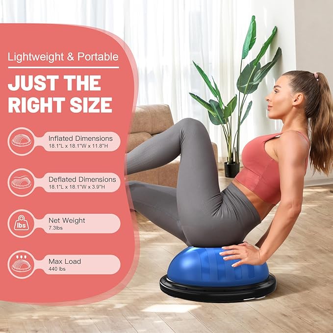 BODYRHYTHM 2 in 1 Balance Ball & Plank Board Trainer with Free iOS/Android App & 4 Free Games for Full Body Workout - Half Exercise Yoga Ball Trainer with 2 Bands & Pump for Strength Training