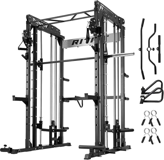RitFit M1 Pro Smith Machine with Cable Crossover System, Multi-Function Squat Rack Power Cage for Home Gym, Power Rack and Packages