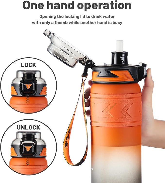 TKK Sports Water Bottles with Removable Straw 34 oz Leak-proof Flip Top Lid BPA Free Tritan Bottles with Strap for School, Fitness, Gym, Outdoor, Orange-Black