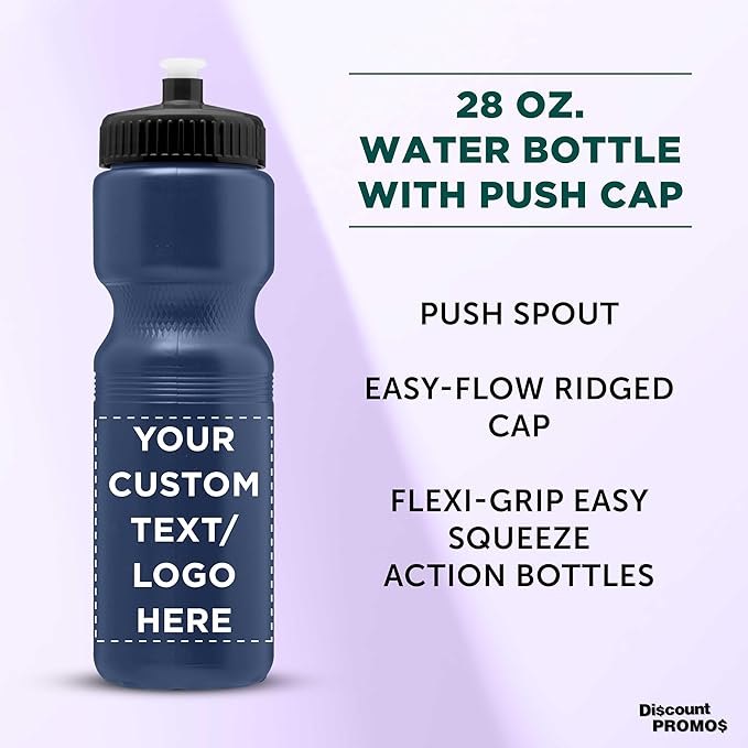 DISCOUNT PROMOS 28 oz. Custom Push Cap Plastic Water Bottles Set of 10/50/100, Personalized Bulk Pack - Perfect for Gym, Hiking, Camping, Outdoor Sports - Navy Blue