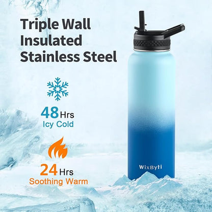 40 oz Insulated Water Bottle with Straw (Cold for 48 Hrs), Stainless Steel Triple Wall Vacuum Sports Water Jug, Leakproof Hydro Cup Flask with Paracord Handle & Straw Spout Lids & DIY Stickers
