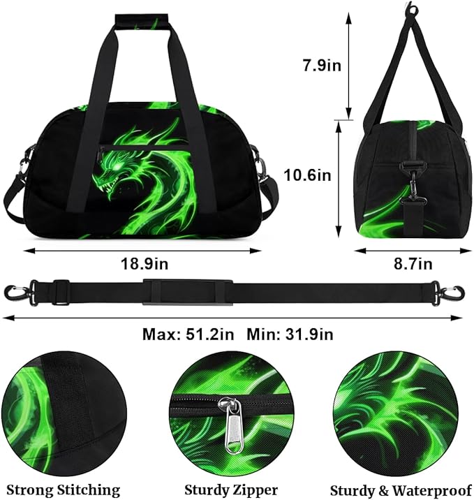 Green Dragon Kids Duffel Bag for Boys, Abstract Animal Sports Gym Bags Overnight Travel Weekender Lightweight Carry On Sleepovers Duffels for School Practice Gymnastics