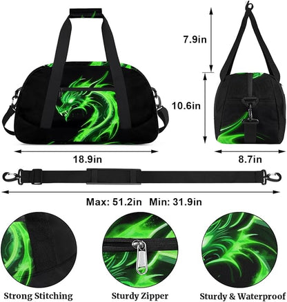 Green Dragon Kids Duffel Bag for Boys, Abstract Animal Sports Gym Bags Overnight Travel Weekender Lightweight Carry On Sleepovers Duffels for School Practice Gymnastics