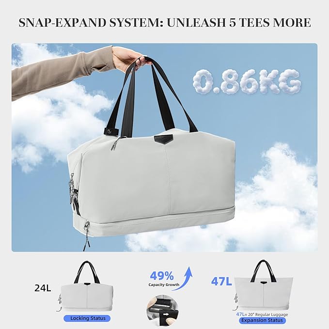 Timeet Expandable Gym Duffel Bag For Women with Yoga Mat Strap, 47L Sports Duffle Bag With Shoes Compartment&Dry Wet Pocket, Water Resistant Carry on Sports Weekend Travel Overnight Bag, Elegant Gray