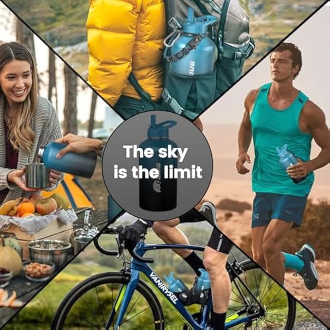 Insulated Water Bottle 64 oz, Triple Wall Vacuum Stainless Steel(Cold for 48 Hrs),Leak Proof & BPA-Free,Half Gallon Water Bottle with Reflective Paracord & Flip Straw for Sports & Travel, Indigo-Black