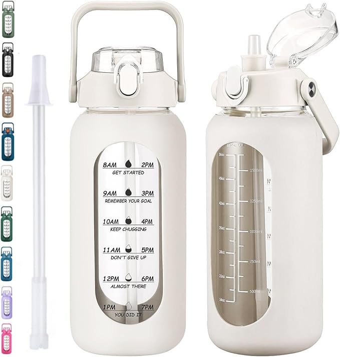 kytffu 64oz Glass Water Bottles with Straw, Half Gallon Motivational Glass Bottle with Silicone Sleeve and Time Marker, 2L Leakproof Large Glass Water Jug for Gym Home Office,White
