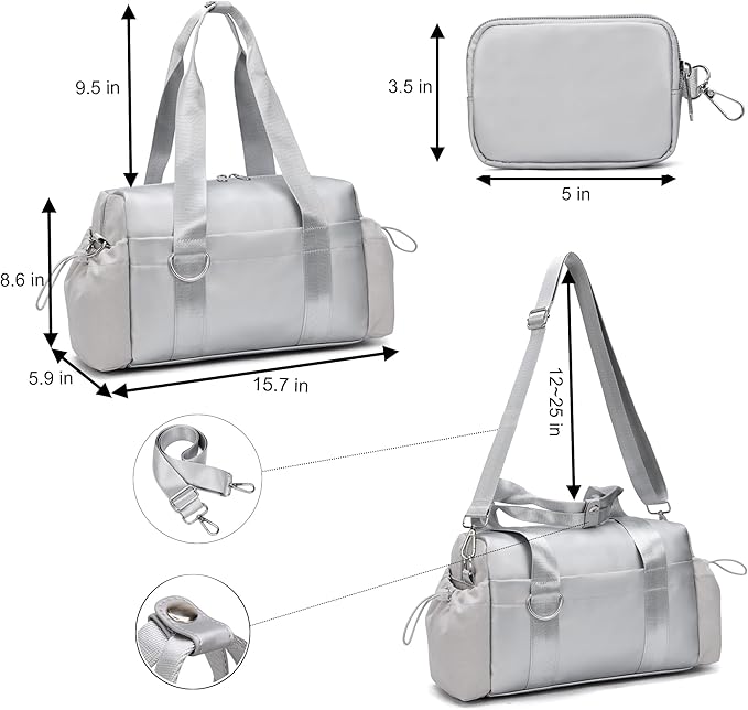 Everyday Mini Gym Bag for Women 2.0, Small Tote with Zipper Compartment Waterproof Travel Duffle Cute Handbag Workout Carry On with Removeable Shoulder Strap & Coin Wallet Easy to Clean-Silver