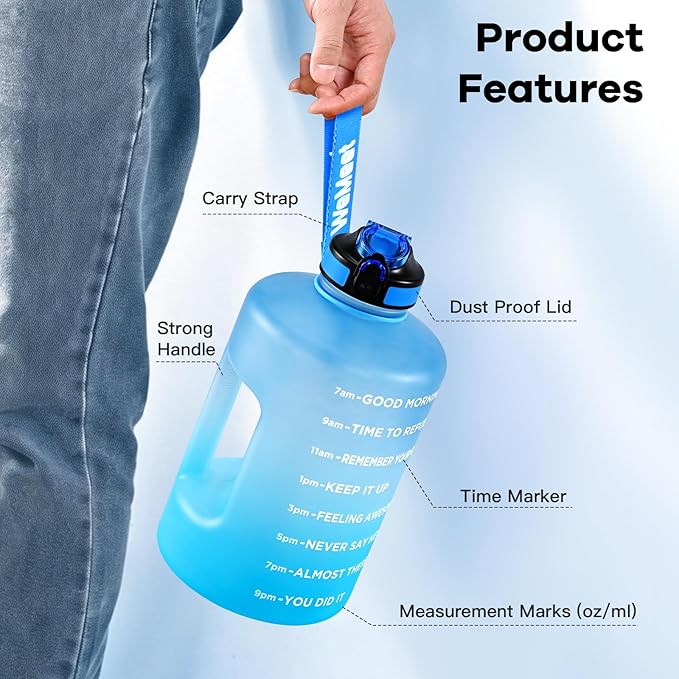 128oz Large Water Bottle with Straw and Time Marker, BPA FREE, 1 Gallon Reusable Motivational Water Bottle, for Gym, Travel, Camping, Hiking (Blue Blue)