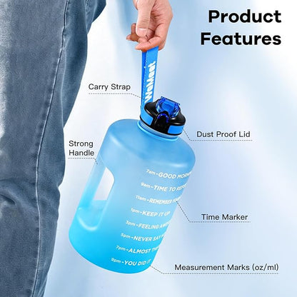 128oz Large Water Bottle with Straw and Time Marker, BPA FREE, 1 Gallon Reusable Motivational Water Bottle, for Gym, Travel, Camping, Hiking (Blue Blue)