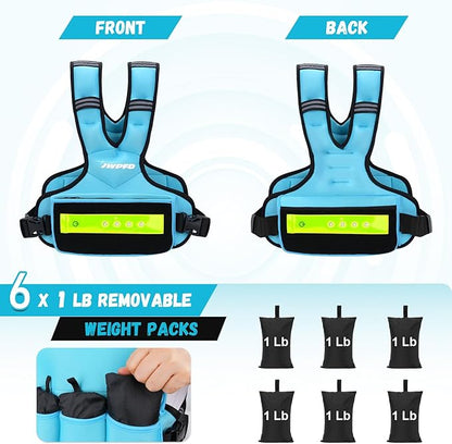 Adjustable Weighted Vest for Women Men, 6-15 Lbs/12-18 Lbs Rucking Vest with LED Light Strips, Weight Vest with 6 Ironsand Weights, and Zipper Pocket for Strength Training, Walking, Running