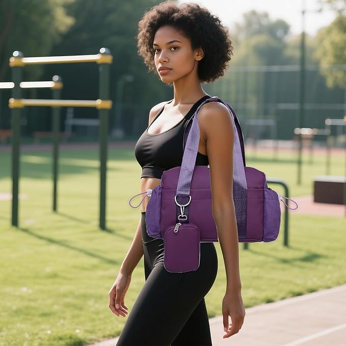 Everyday Mini Gym Bag for Women 2.0, Small Tote with Zipper Compartment Waterproof Travel Duffle Cute Handbag Workout Carry On with Removeable Shoulder Strap & Coin Wallet Easy to Clean - Grape