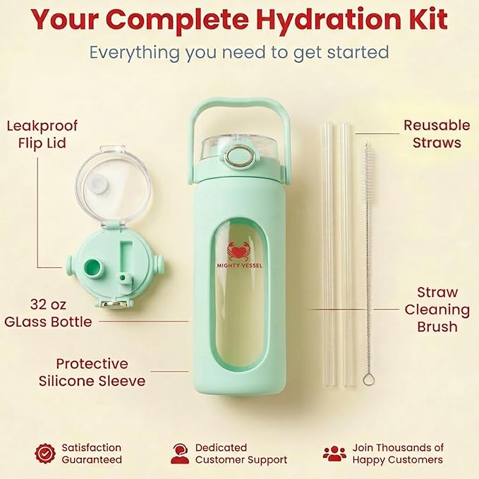 32 oz Glass Water Bottle – Light Green | Borosilicate with Time Markers, Flip Straw & Silicone Sleeve – Compact Leakproof Hydration for Travel or Office