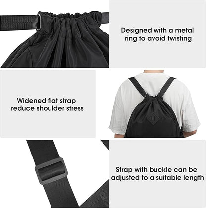 WANDF Drawstring Backpack Sports Gym Bag with Shoes Compartment, Water-Resistant String Backpack Cinch for Women Men (Large,Black)
