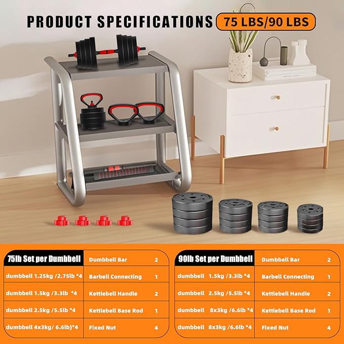 Adjustable Dumbbell Set 25/45/75/90LB, Changeable Dumbbell Set with Connecting Rod 4 in1 Dumbbells Set Used as Barbell, Kettlebells, Push up Bar, Fitness Exercises for Home Gym Suitable Women