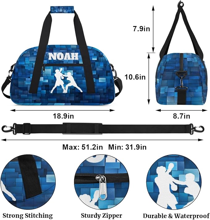 Custom Named Sports Bag for Boys, Personalized Gym Bag Sports Travel Duffle Bag Tote Carry On Weekend Sports Travel Workout Bag, White Boxing Silhouette Blue Geometric Background