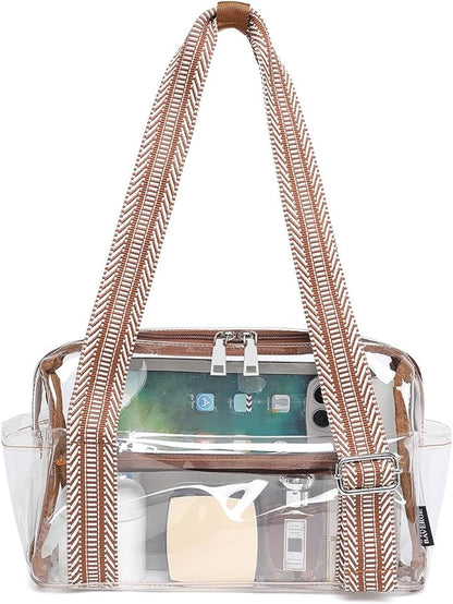 Small Gym Bag for Women, Clear Mini Duffle Bag Stadium Approved, Lightweight Waterproof Cute Tote for Girls Workout Sport Travel, Clear Brown