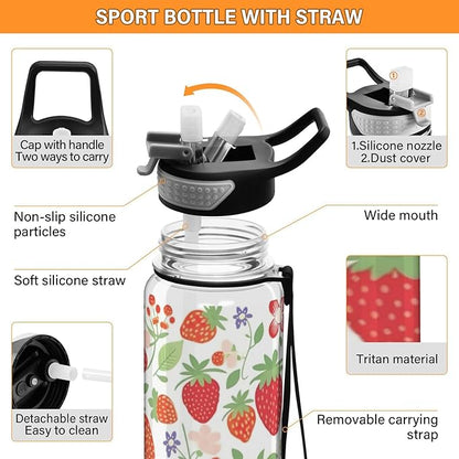 YETTASBIN Strawberry Flower Clear Water Bottle with Straw Lid, BPA-Free Leakproof Sport Water Bottle 32oz Large Gym Water Jug for Men Women Travel Fitness Outdoor