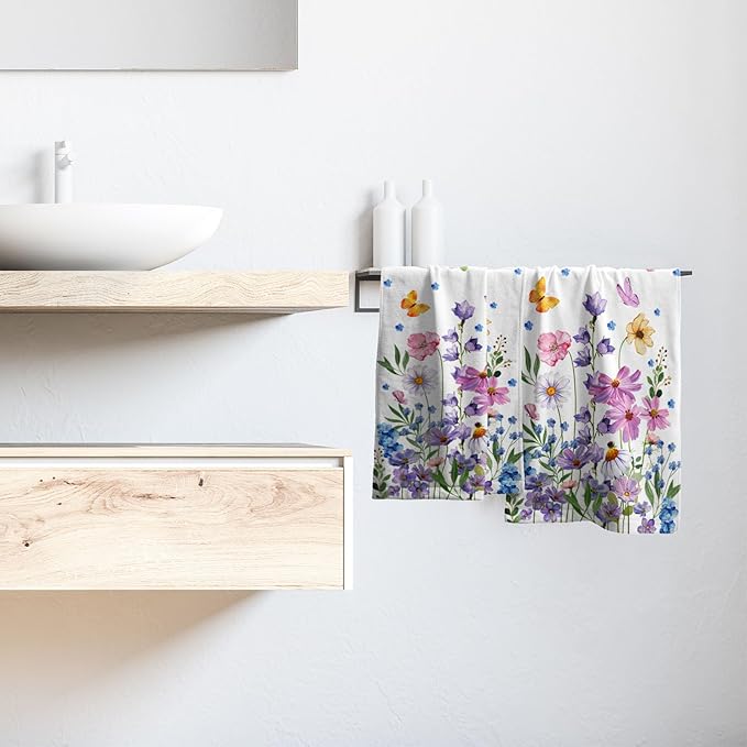 Spring Wildflower Kitchen Towels 14"x28" Set of 2 Watercolor Floral Hand Bath Towel Spring Summer Seasonal Soft Absorbent Fingertip Towel for Bathroom Shower Hotel Gym