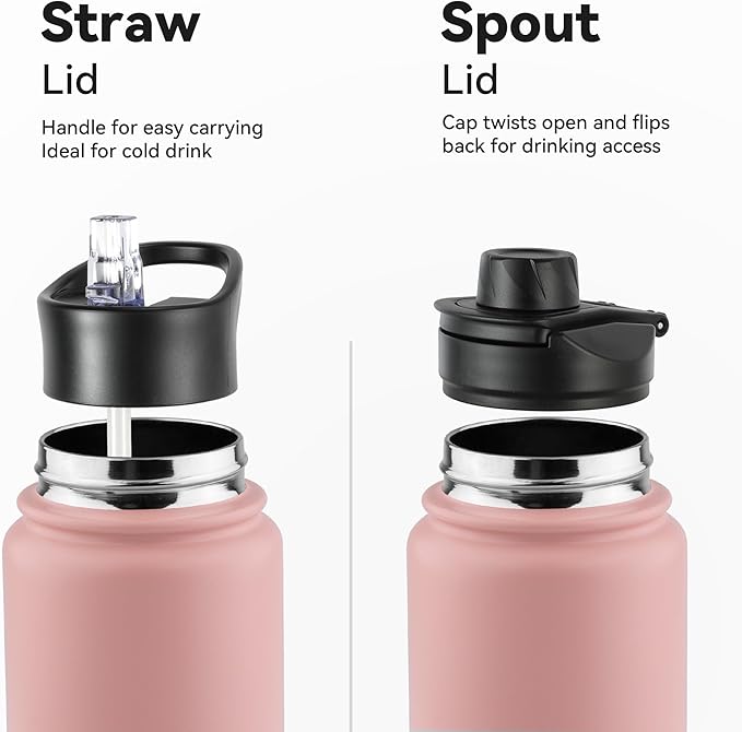 16 oz Insulated Water Bottle with Straw Lids, Stainless Steel Kids Water Bottles for School, Double Wall Vacuum Metal Water Bottle with Straw & Wide Mouth Lid, Harbor Pink 8 Pack