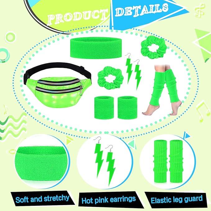 80s Neon Workout Costume Accessories Set 10 PCS Leg Warmers for Women 80s Headband Wristband Fanny Pack for Yoga Running