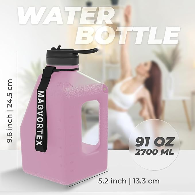 91oz Gym Daily Water Bottle Pink – Large BPA-Free PETG Jug with Magnetic Plate Phone Mount, Leakproof Flip-Top Lid, Wide Mouth for Ice, Straw, Carry Strap, Stable Base, Time Marker