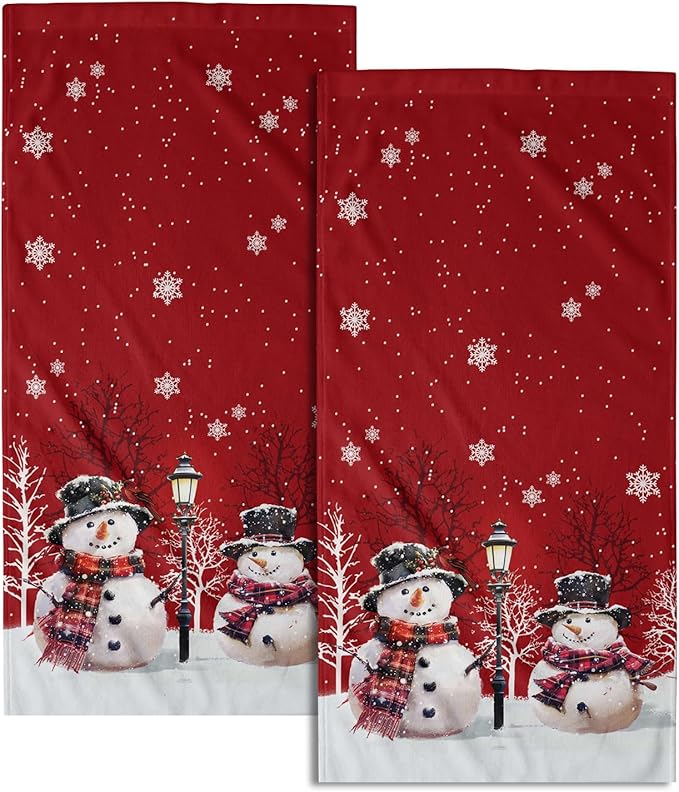 Christmas Snowman Red Dish Towels Winter Snow Bathroom Hand Towels 28.3x14 Inch Set of 2 Cute Snowman Snowflake Decorative Bath Towel for Kitchen Gym Spa Hotel