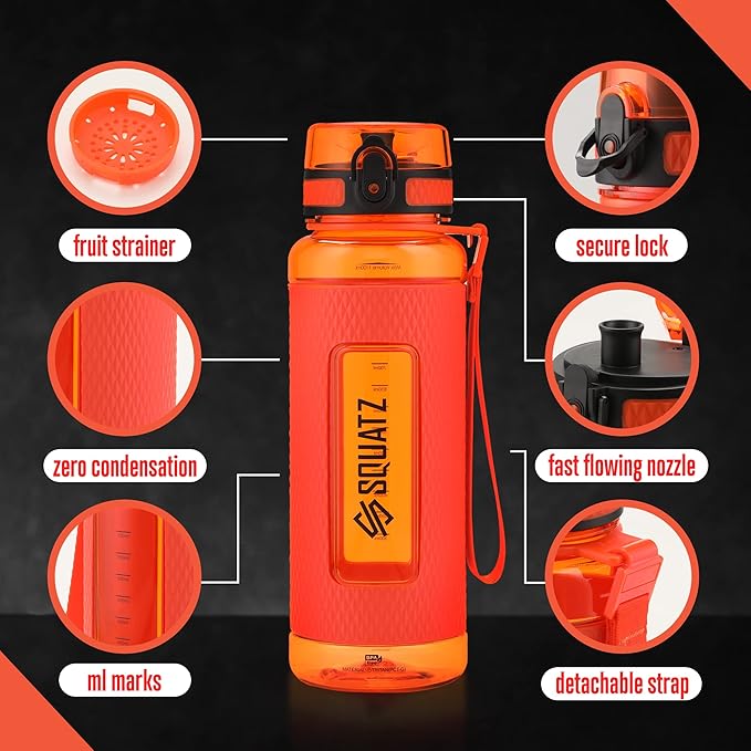 SQUATZ 40 Oz Poseidon Series Water Bottle for Protein and Fruit Shakes - Premium Quality Wide Mouth Gym Flask Fruit Infuser Strainer, Carrying Strap, Leak Resistance, No Condensation Sleeve, Orange