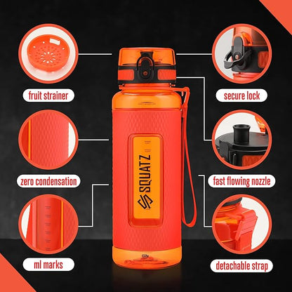 SQUATZ 40 Oz Poseidon Series Water Bottle for Protein and Fruit Shakes - Premium Quality Wide Mouth Gym Flask Fruit Infuser Strainer, Carrying Strap, Leak Resistance, No Condensation Sleeve, Orange
