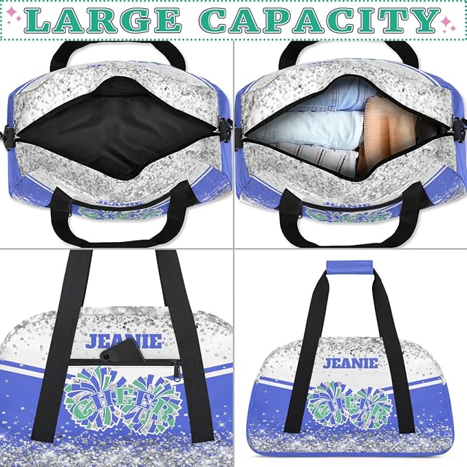 Personalized Cheer Gym Bags for Girls Kids Cheerleaders with Custom Name Sport Dance Perform Training Duffel Bags for Overnight Weekender Travel White Blue