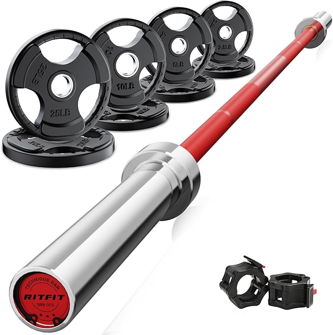 RitFit Barbell Weight Set - 4/6FT Olympic Barbell with Weight Plates (55-115LB Total) - Weightlifting Equipment for Squats, Curls, Deadlifts, Presses, Hip Thrusts