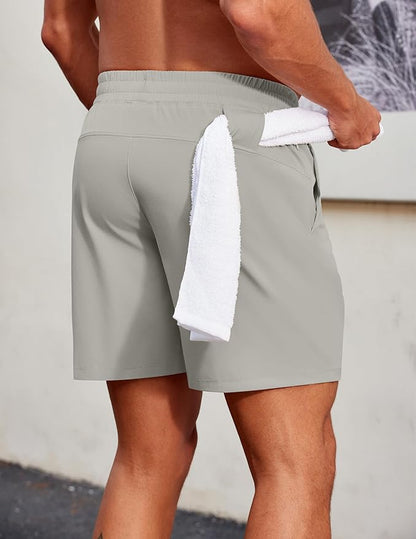 PINSPARK Men's Gym Workout Shorts - 7" Quick Dry Running Athletic Shorts with Towel Loop and Zipper Pockets