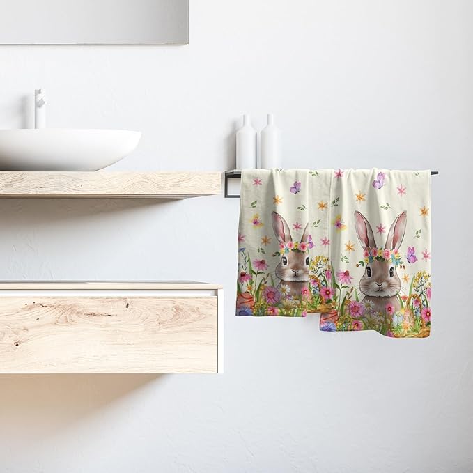 Cute Bunny Hand Towels for Bathroom 14"x28" Set of 2 Happy Easter Rabbit Kitchen Towel Spring Flower Butterfly Bath Towels Super Soft Absorbent Tea Dish Towels for Yoga Gym Bath Shower