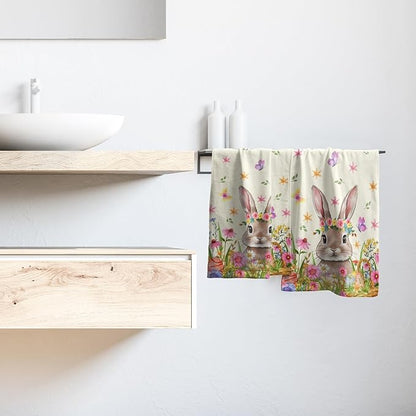 Cute Bunny Hand Towels for Bathroom 14"x28" Set of 2 Happy Easter Rabbit Kitchen Towel Spring Flower Butterfly Bath Towels Super Soft Absorbent Tea Dish Towels for Yoga Gym Bath Shower