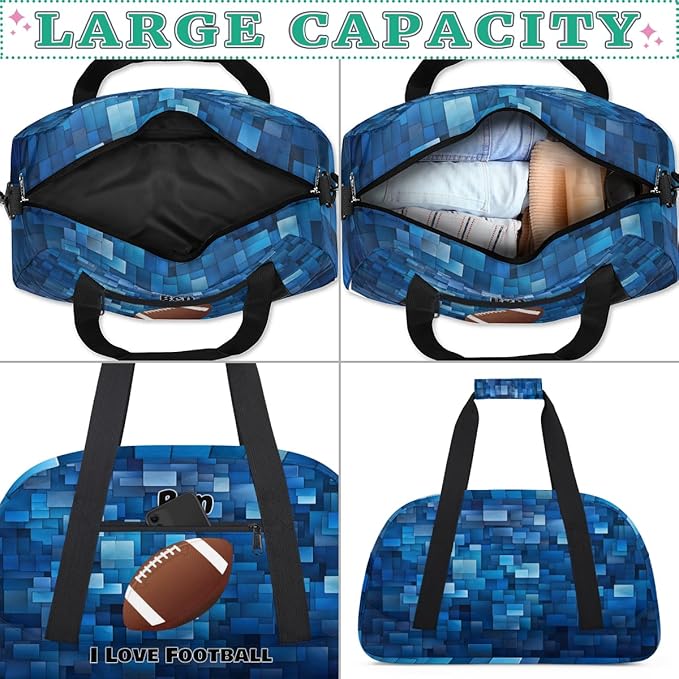 Custom Sports Gym Bags for Boys, Overnight Duffel Bags Workout Training Personalized Sport Gym Bag Travel Practice Gymnastics Duffel Bag, I Love Football Blue Geometric Pattern