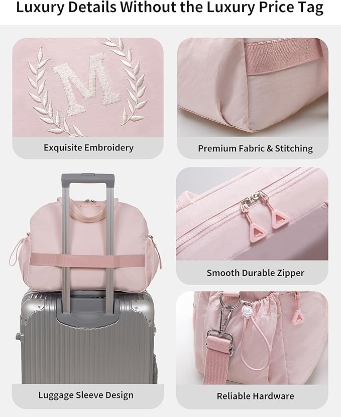 Gift for Women, Kid & Friend, Initial Girls Duffle Bag, Monogrammed Personalized Overnight Weekender, Birthday Gifts for Teen, Mom, Daughter, Grandmother, Dad (Pink, B)